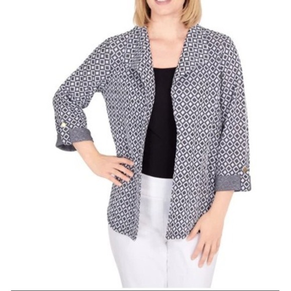 Ruby Rd. Sweaters - Ruby Rd Cardigan Womens Large Woven Jacquard Geometric Open Front Grey White NWT